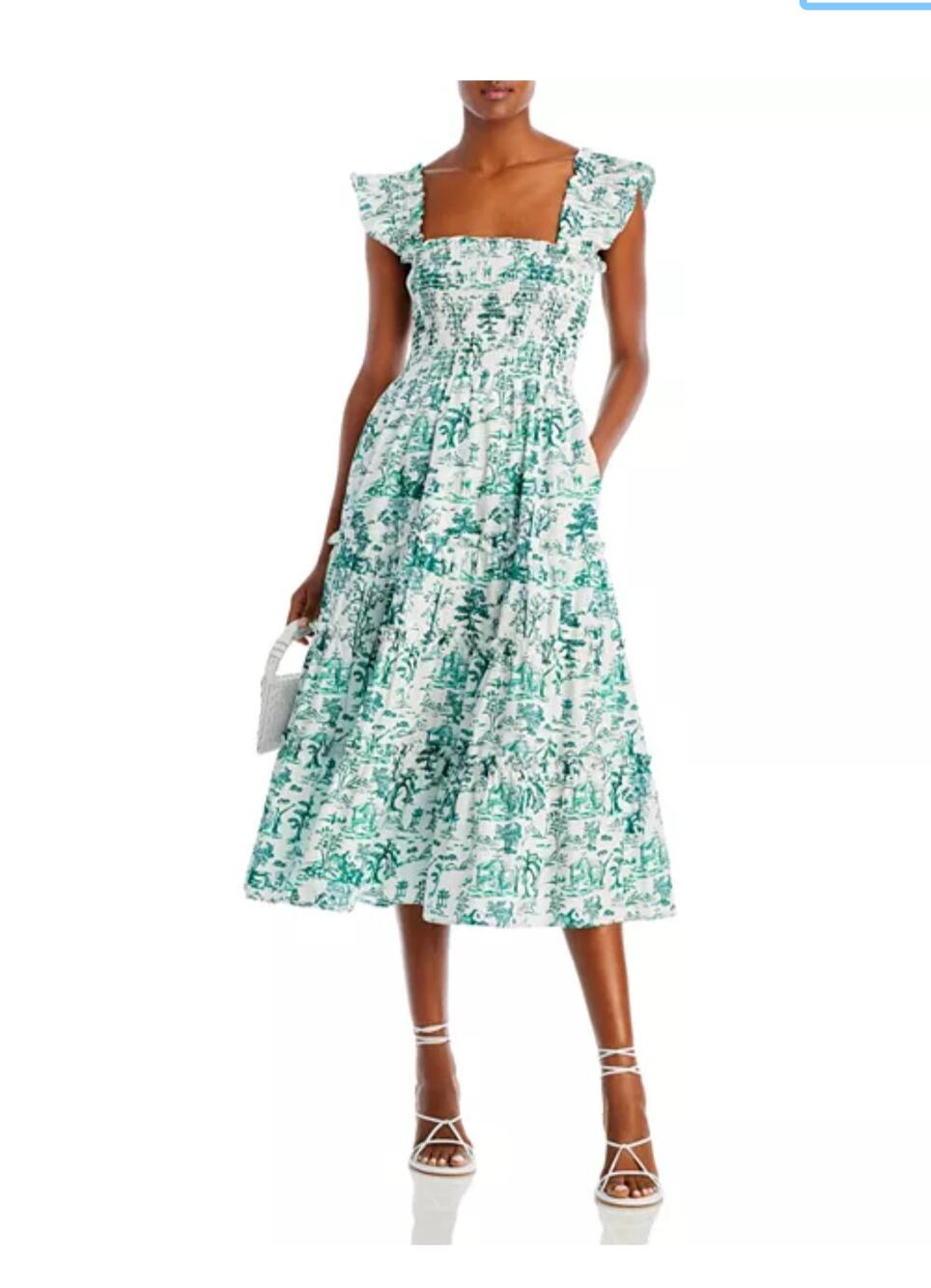 Aqua Calypso Smocked Green and White Midi Dress